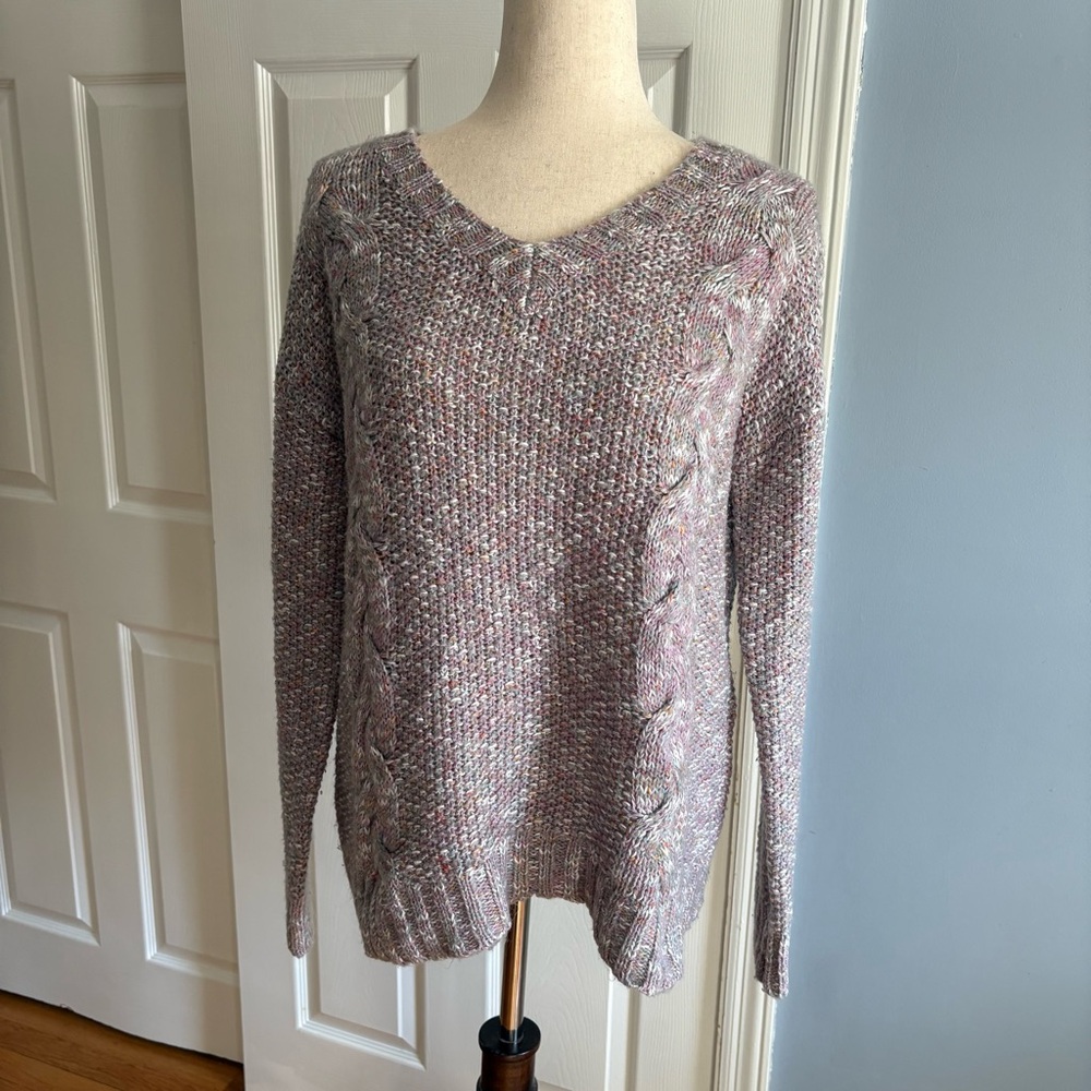 Hem & Thread Women’s V-Neck Cable Knit Sweater Purple Speckled Medium